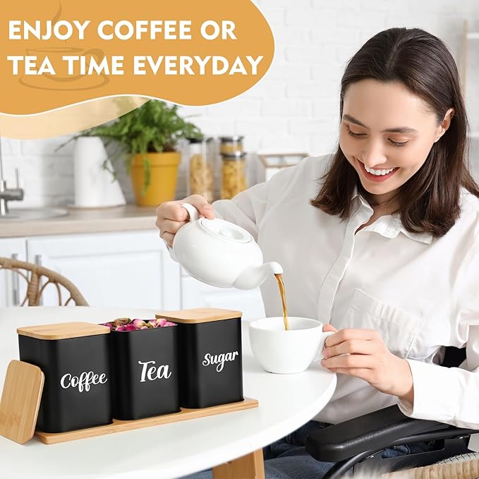 Tioncy Coffee Tea Sugar Container with Tray Set of 3 Airtight Metal Canister with Bamboo Lid Tray for Kitchen Counter Dining Room Farm House Kitchen Style Drink Station Organizer Set (Black)