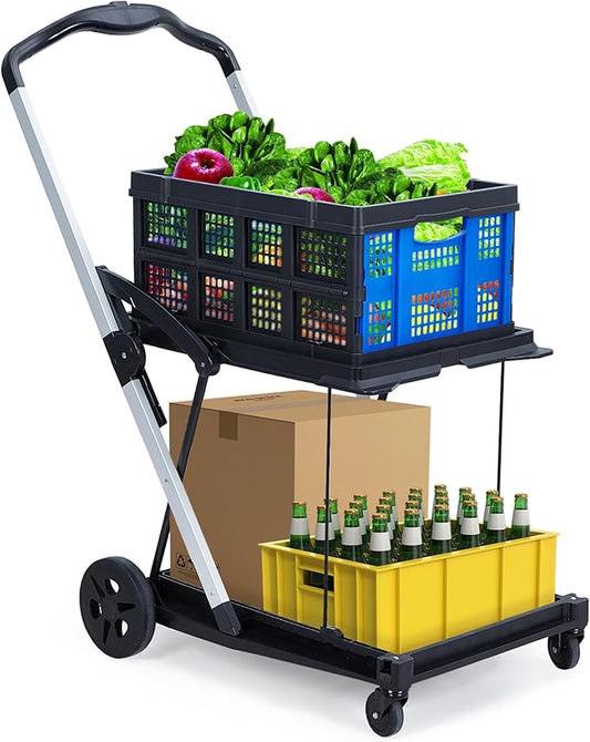 2-Tier Folding Shopping Cart with Wheels, Collapsible Grocery Cart with Removable Crate, Portable Shopping Trolley for Home, Groceries, Garden-Blue