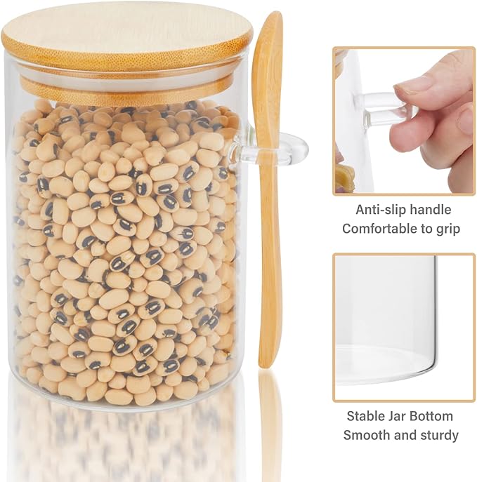 3 Pack Glass Containers Jars with Bamboo Airtight Lid and Spoon, 15Oz Glass Food Storage Canisters, Kitchen Organization Jar Set for Coffee Beans, Tea, Flour, Salt, Nuts, Candy, Cookie and More