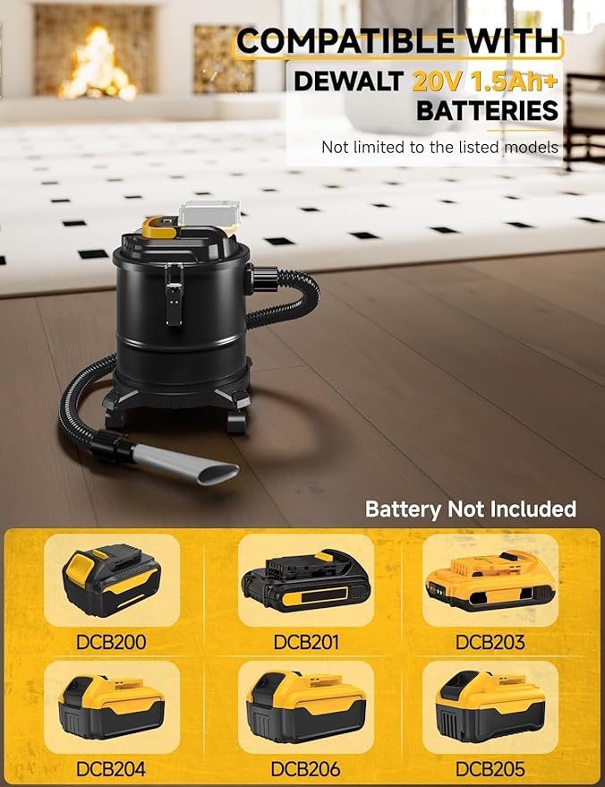 Cordless Ash Vacuum for Pellet Stoves, for DEWALT 20V Max Battery, Pellet Stove Vacuum Cleaner with 2 HEPA Filters, Powerful Suction, 4 Gallons & 4 Wheels, 38" Hose for Wood Fireplaces, BBQ Grills