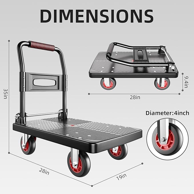 Upgraded Foldable Push Cart Dolly,560 lbs. Capacity Moving Platform Hand Truck,Heavy Duty Space Saving Collapsible,4‘’ TPR 360-Degree Silent Wheels,2 Swivel Wheels and 2 Fixed Wheels(Red Wheel)