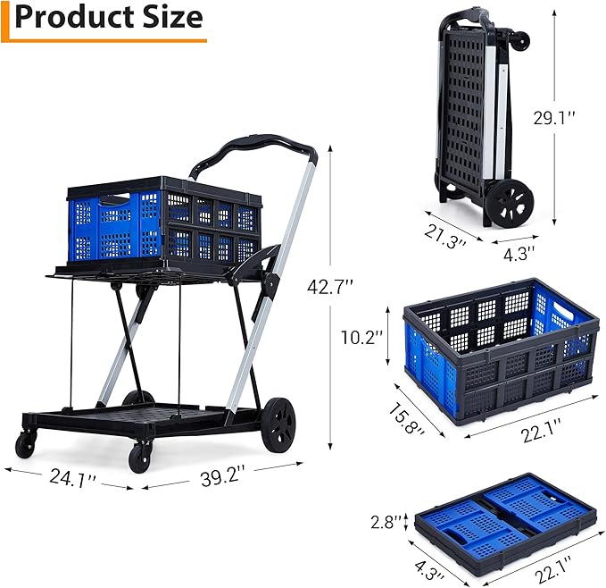2 Tier Folding Shopping Carts for Groceries, 198 LB Capacity, Collapsible Portable Grocery Cart with Wheels & Removable Crate, Lightweight Foldable Shopping Trolley for Mall Market, Blue