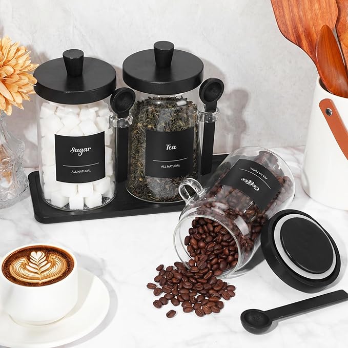Suclain 3 Pcs Glass Coffee Container with Wooden Lid Spoon Shelf Labels Clear Airtight Jar Food Storage Canister Set for Sugar Spice Coffee Bean Holder Housewarming Gift(25 oz,Black Bamboo)