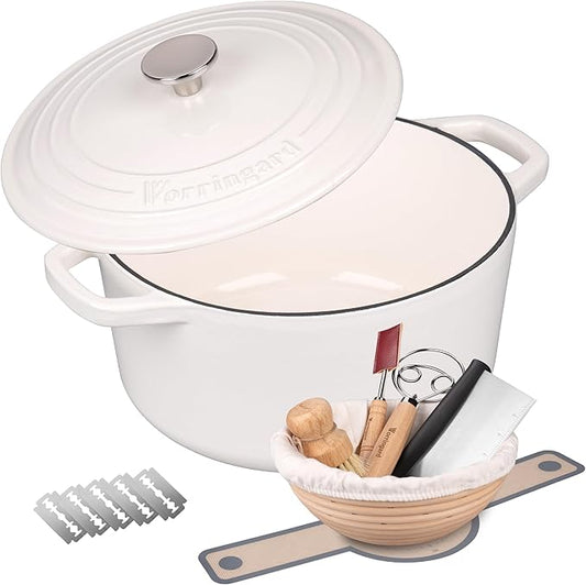 VORRINGARD Enameled Cast Iron Dutch Oven Pot with Lid, for Bread Baking, Round Bread Oven- include Sourdough Bread Baking Supplies Set, 4.5QT, White