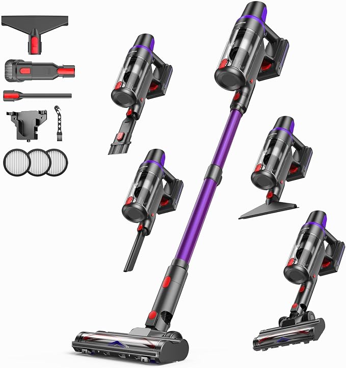 TechRise Cordless Vacuum Cleaner for Home, 550W 45KPa for Pet Hair & Floor | Up to 60 Min Runtime, HEPA Filter, Self-Standing Design, Anti-Tangle Brush & LED Light for Carpets and Hard Floor Cleaning