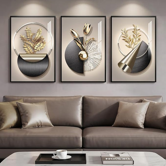 Framed Modern Elegant Wall Art for Living Room, 3 Piece Black and Gold Bright Luxury Prints Paintings, Contemporary Golden Flower and Geometric Pictures for Bedroom Dining Room Entryway Wall Decor 16x24 In
