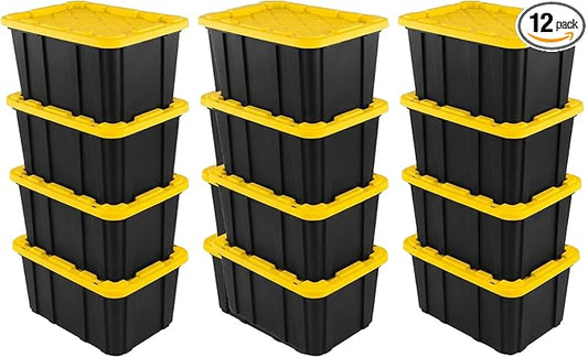 Sterilite 12-Pack Industrial Tote, Plastic Storage Container Bins with Lids, 27 Gallon - Large, Stackable, and Heavy-Duty Organizer Box Containers for Closet, Garage, Shelves, and Office