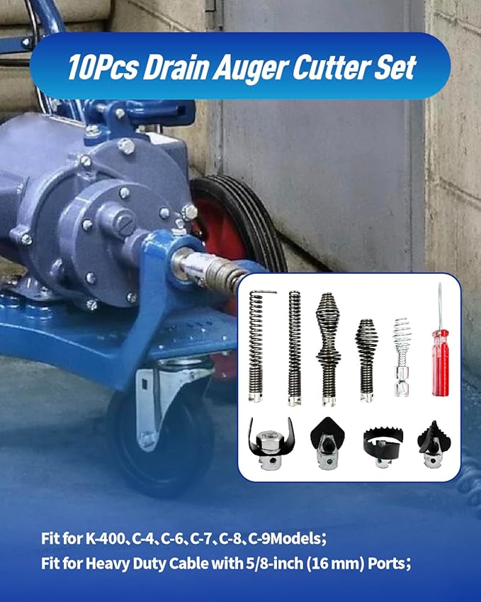 10Pcs Drain Snake Drill Attachment, Drain Auger Cutter Kit, Fit for RIDGID K-400 C-4 C-6 C-7 C-8 and C-9 Drain Cleaning Machine, for 5/8" Drain Snake Cable Heads Tips