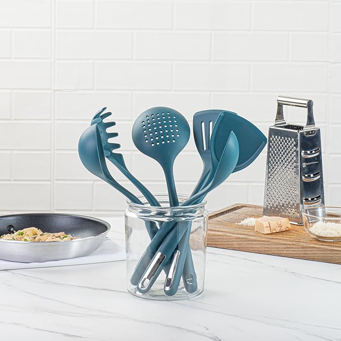 Restaurantware Silicone Utensil Set Pack of 1 Non-Slip Handle 6-Piece Kitchen Tool Set, Heat-Resistant Dishwasher-Friendly Cooking Accessories, Durable Teal Cooking Utensils