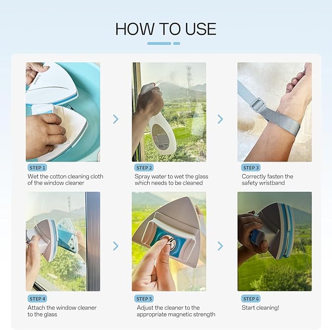 Magnetic Window Cleaner, Adjustable Double Sided Window Cleaning Tool for Single & Double Glazed Glass (0.1"–1.2") High-Rise Glass Wiper with 2.6m Safety Rope