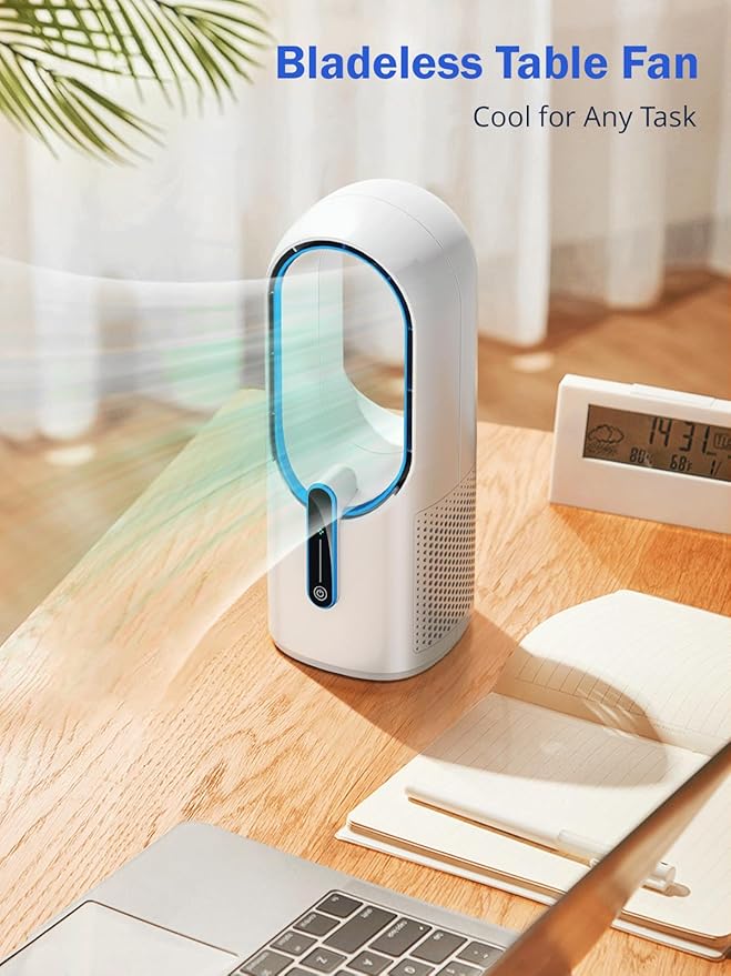 Misby Desk Fan, 11.8 Inch Portable Bladeless Fan, Small Rechargeable Table Fan with Battery, 3 Adjustable Speeds, Touch Control, Easy to Clean, Quiet Desktop Fan for Bedroom, Home, Office (White)