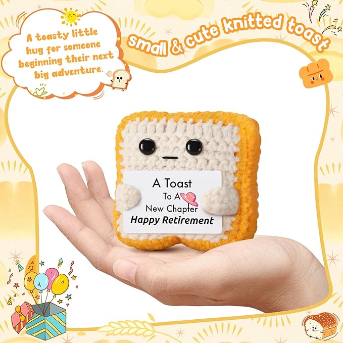Crochet Toast Retirement Plush – Handmade “A Toast to a New Chapter” Card – Unique Retirement Gift for Coworker, Boss, Teacher, Mom, Dad – Funny Retired Present Desk Decor Keepsake