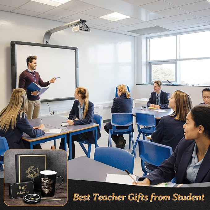 Best Teacher Appreciation Gifts for Men Women, 14oz Unique Black Ceramic Teacher Coffee Mug with Gold Print, Valentine Presents for Teachers Graduation Retirement, with Lid Spoon Card, Nice Gift Boxed