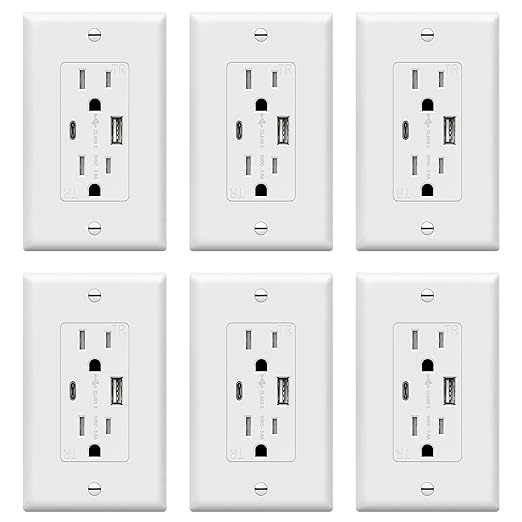 TOPGREENER USB Outlet, Type C & Type A USB Wall Outlet, 15 Amp Tamper Resistant Receptacle Plug, Charging Power Outlet with USB Ports, Wall Plate Included, UL Listed, TU21536AC-W-6PCS, White, 6 Pack