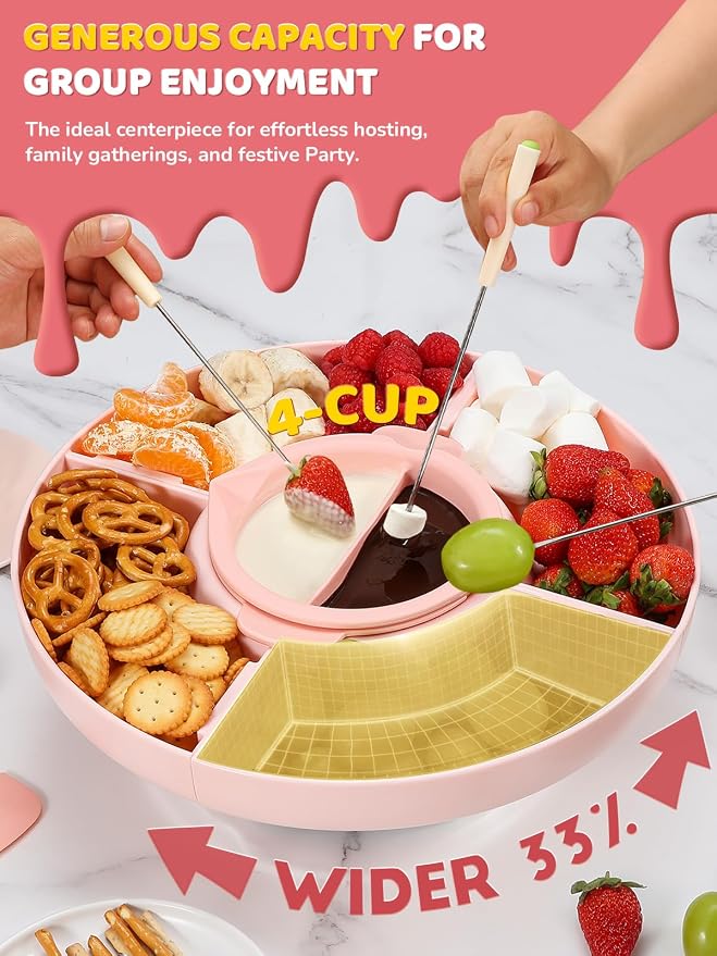 Electric Chocolate Fondue Set, 4-Cup Chocolate, Rotating Tray | Melt & Warm Modes, Dual Silicone Inserts, 6 Color-Coded Forks, Easy-Clean, Ideal for Candy Melts, Couple Family, Movie Night