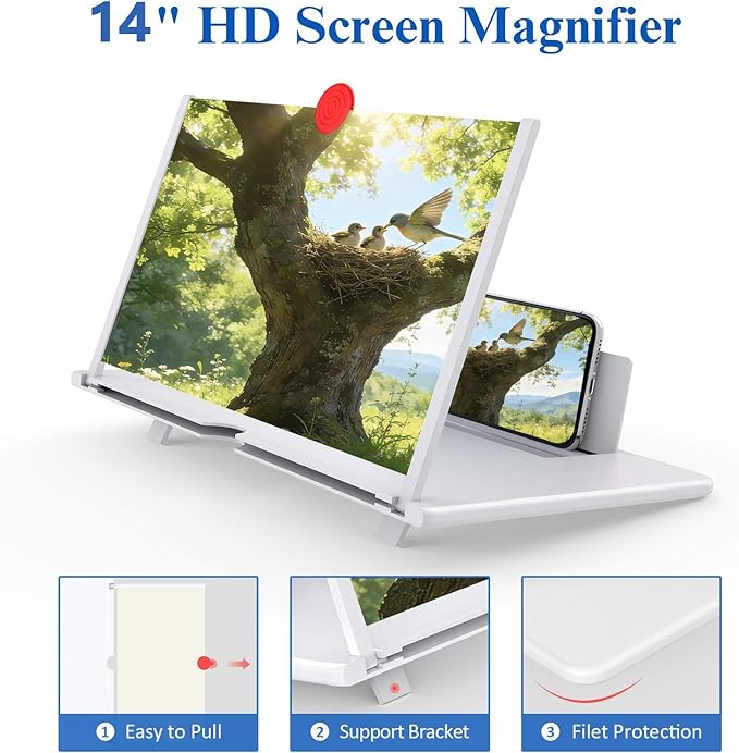 14" Screen Magnifier,3D HD Mobile Phone Magnifier Projector Screen Enlarger for Movies, Videos, and Gaming,Foldable Cell Phone Stand with Screen Amplifier,Supports All Smartphones (White, 14inch)