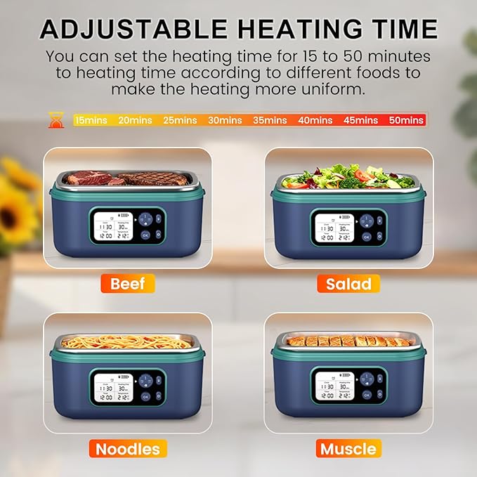 Cordless Electric Heated Lunch Box, XL 6.3Cups Rechargeable Food Warmer Lunch Box with Self Heating, Smart Timer, Adjustable Temperature, Leakproof, BPA Free, Removable Divider Blue