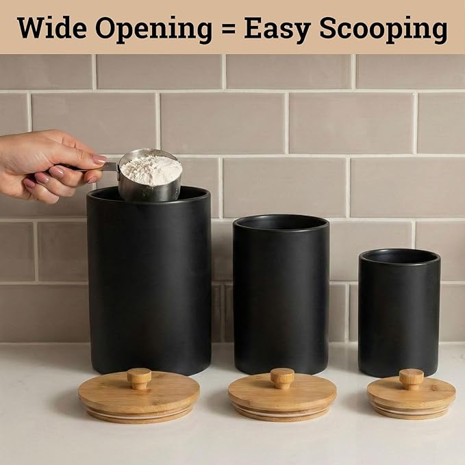 Ceramic Kitchen Canisters for Countertop Set of 3 with Airtight Bamboo Lids - Black Kitchen Canisters with Airtight Lids - Flour Sugar Canister Set - Flour and Sugar Containers Farmhouse - Coffee Jar