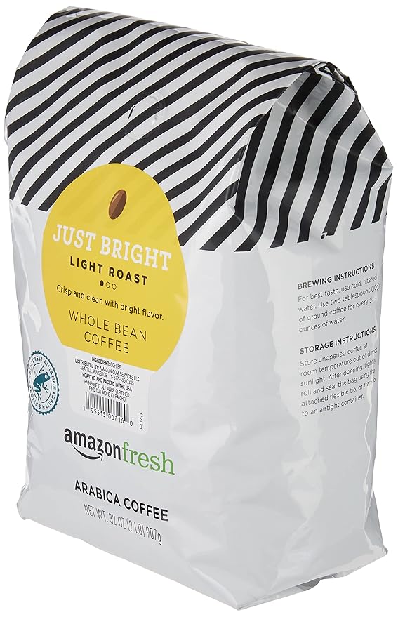Amazon Fresh, Just Bright Whole Bean Coffee Light Roast, 32 Oz (Pack of 2)