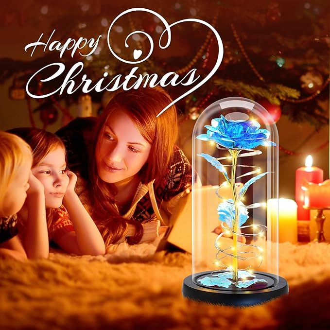 Otlonpe Preserved Forever Mothers Day Flower Gifts for Mom, Glass Light Up Rose Gifts for Women Grandma Girlfriend Wife Sister Her, Valentines Mothers Day Christmas Birthday Womens Gift (Blue)