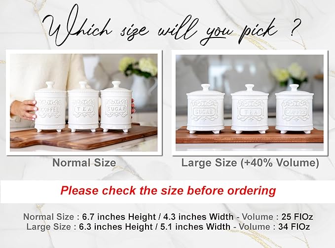 25DOL 25 Ounce Elegant Ceramic Kitchen Canisters Set of 3 - Engraved Coffee Tea Sugar Storage Containers with Feet for Added Style and Stability - Ceramic Jar with Airtight Lid