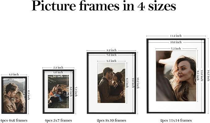 eletecpro Aluminum Gallery Wall Frame Set of 12 with Glass Cover, Black | Including 2Pcs 11x14, 2Pcs 8x10, 4Pcs 5x7, 4Pcs 4x6 Photo Frames, Multiple Sizes Picture Frames Collage Wall Decor, Tabletop