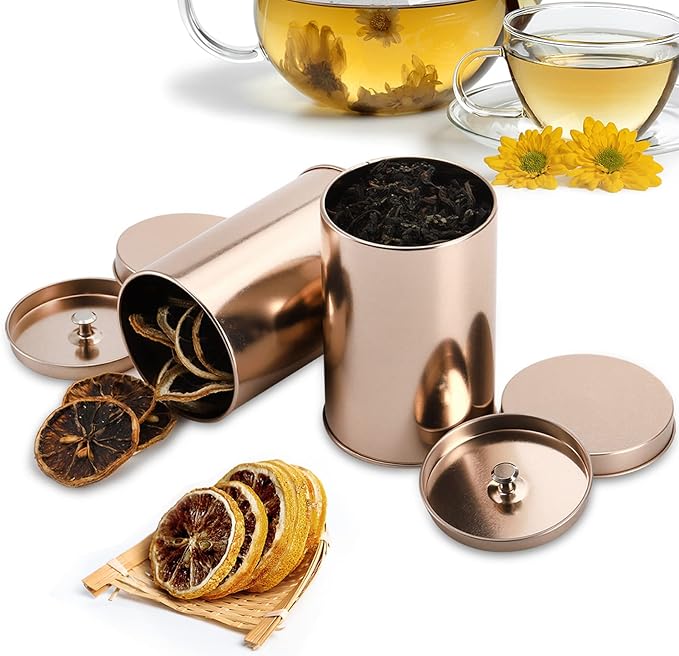 Yesland 6 Pack Tea Tin Canister with Airtight Double Lids, 12 Fluid Oz Tin Can Box and Small Round Kitchen Canisters for Loose Tea, Coffee, Candy, Herbs and Spices(Rose Gold)
