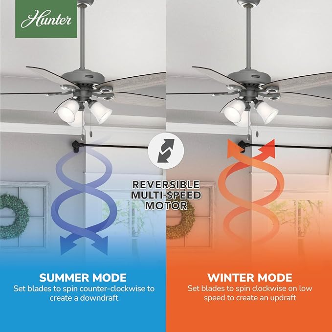 Hunter 52 inch Indoor Ceiling Fan with LED Lights - Ceiling Fan with Pull Chain, For Bedroom or Living Room, Standard Mount, No Remote, 5 Blades, Includes Bulbs - Builder Plus 51110, Matte Silver
