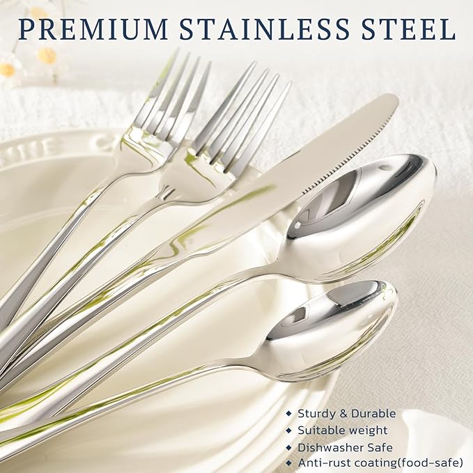 Astercook Silverware Set with Steak Knives 24-Piece Flatware Set for 4 Food-Grade Stainless Steel Cutlery Set Mirror Polished Utensils Set Include Spoons and Forks for Home Gifts for Women