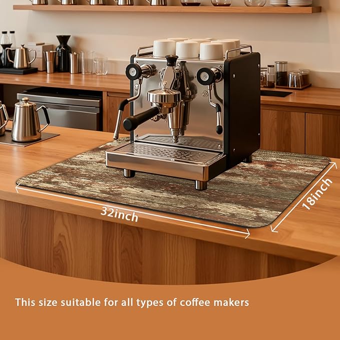 Coffee Mat 32x18 Inch, Wood Grain Coffee Bar Accessories, Absorbent Hide Stain Rubber Backed Dish Drying Mat for Kitchen Counter, Mats for Countertops, Under Coffee Maker Machine Pot Espresso Staion