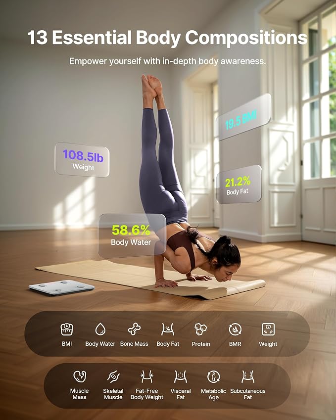 FITINDEX Smart Scale for Body Weight, FSA&HSA Eligible, Scale with BMI, Body Fat, Muscle Mass, Bluetooth,13 Body Composition Analyzer, Sync APP, Digital Bathroom, 400lb, White