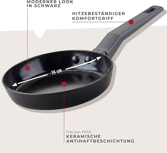 FACKELMANN Statement Frying Pan 14 cm - Ceramic Coated Mini Pan - Recycled Aluminium with Non-Stick Coating - For All Hobs Except Induction, PFAS-Free, Shadow Black