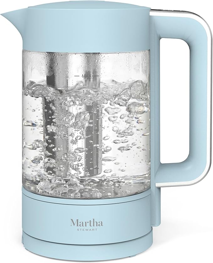 Martha Stewart Electric Kettle with Removable Stainless Steel Tea Infuser,  Glass Carafe 1.7L (7 Cups), Hot Water Boiler, 4 Presets, Keep Warm & Auto Shut-Off, Cordless 360° Swivel Base, Sky Blue