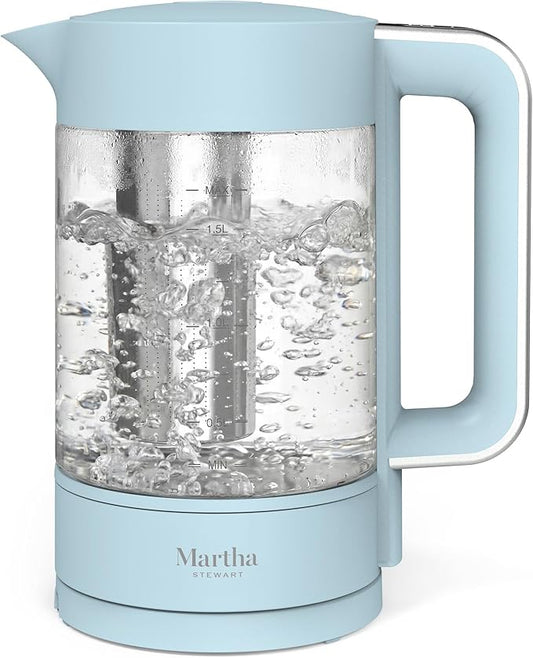 Martha Stewart Electric Kettle with Removable Stainless Steel Tea Infuser,  Glass Carafe 1.7L (7 Cups), Hot Water Boiler, 4 Presets, Keep Warm & Auto Shut-Off, Cordless 360° Swivel Base, Sky Blue