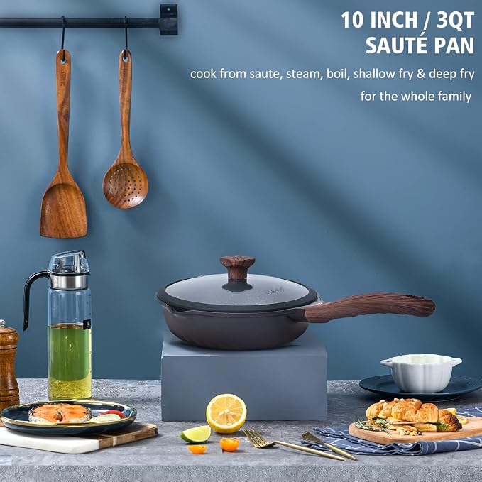 Vinchef Nonstick Deep Frying Pan Saute Pan with Lid, 10in/3Qt Skillet Pan, German 3C+ Ceramic Coating Technology, Aluminum Casting, Induction Compatible | German 3C+ ceramic nonstick, PFOA-free. Induction/gas compatible. Heat indicator handle. Lightwei...