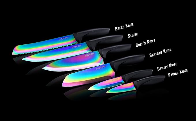 10 Pieces Iridescent Rainbow Titanium Coated Kitchen Knives Set. Includes 6 Stainless Steel Knives, Scissors, Knife Sharpener, Peeler, and Clear Acrylic Stand.