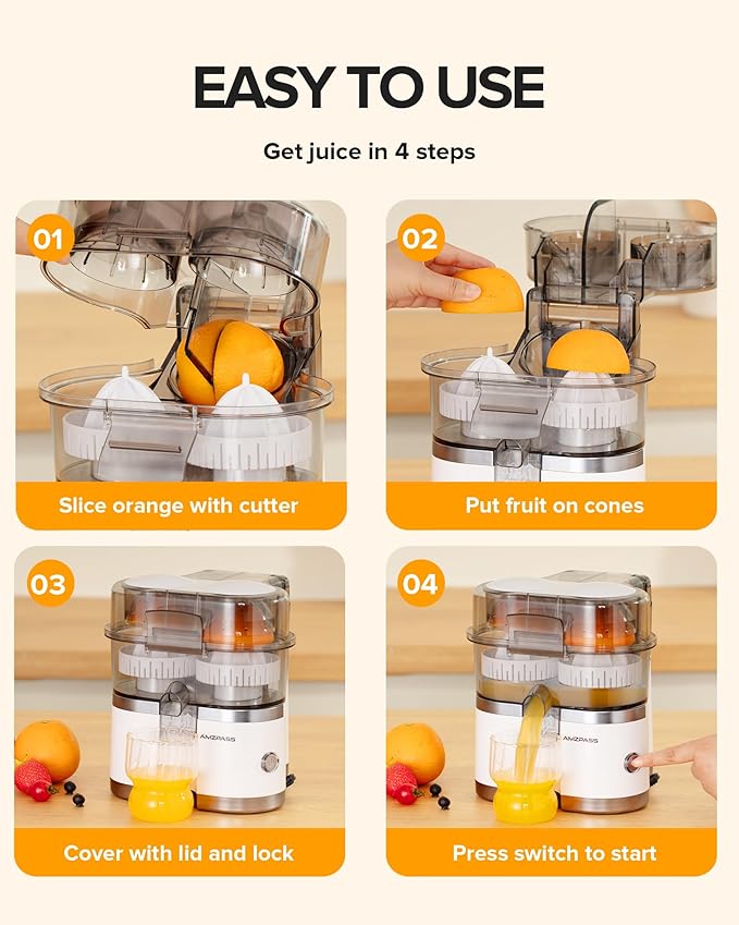Dual-Head Electric Orange Juicer Squeezer, Citrus Juicer Machines with Power Cord & Cleaning Brush, 1-Touch Automatic Juicer Machine for Orange, Lemon, Lime, High Juice Yield, Built-in Cutter