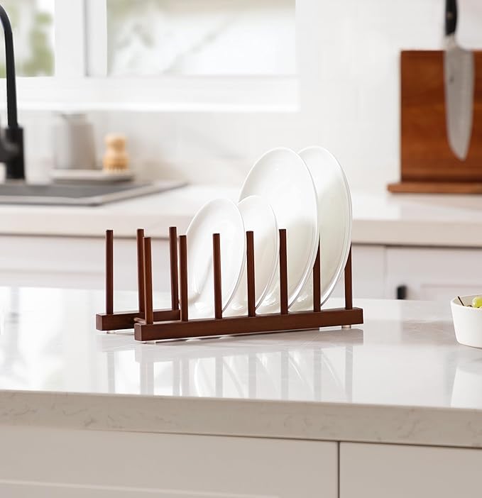 HBlife 4pcs 6 Slots Teak Dish Plate Bowl Cup Book Pot Lid Cutting Board Drying Rack Stand Drainer Storage Holder Organizer Kitchen Cabinet（Keep Dry）
