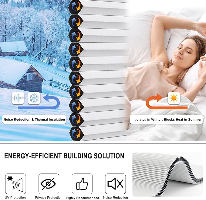 Tonature No Drill Cellular Shades for Indoor Windows, Thermal Insulating & Noise Reducing Honeycomb Blinds, Free Stop Cordless Blackout Shades, White,18" W x 48" H