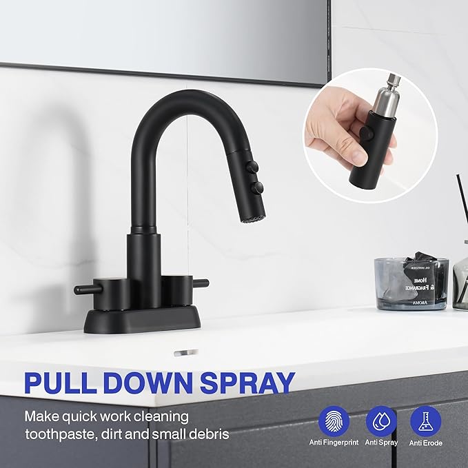 Kablle Bathroom Faucet with Pull Down Sprayer 3 Holes, Matte Black 4 inch 2 Handles Centerset Laundry Bar Basin Pull Out Bathroom Sink Faucet with Pop-Up Drain, KBL-6002B