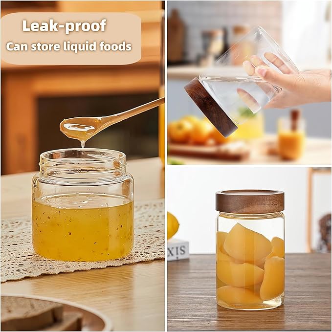 17 Fl oz/500 ml Glass Food Storage Jar, Premium Clear Glass Container Jar with Airtight Screw-on Wooden Lid, Kitchen Canisters for Coffee,Tea,Pasta,Cookies, Nuts,Spice,Candy,Overnight Oatmeal（Small)