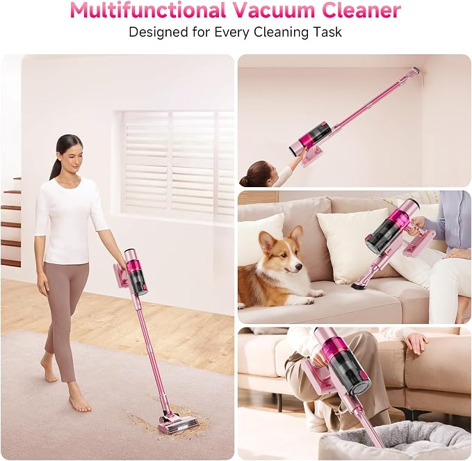 Cordless Vacuum Cleaner:Portable 6-in-1 Stick Vacuum with Anti-Tangle Brush | LED Headlight, Self-Standing, HD Display, Rechargeable Vacuum for Pet Hair, Low-Pile Carpet and Hardwood Floor-Dark Pink