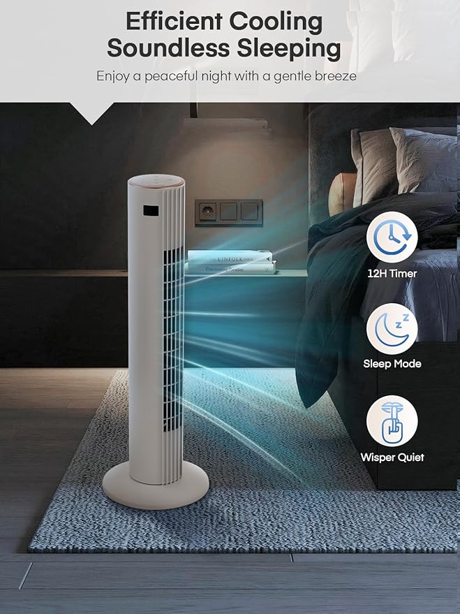 Tower Fan for Bedroom, Quiet Oscillating Floor Fans with 70°, Remote Control, 3 Modes, 3 Speeds, 12H Timer, 30" Bladeless Standing Fan for Home, Office, Living Room, White