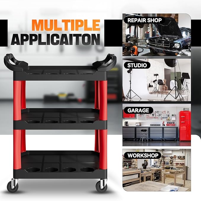 Auto Dynasty 3-Tier Rolling Cart Trolley Storage Detailing Cart with Cup Holders 120kg Capacity on Wheels Fits Home, Garage, Warehouse, Hotel and Workshop Use, Black