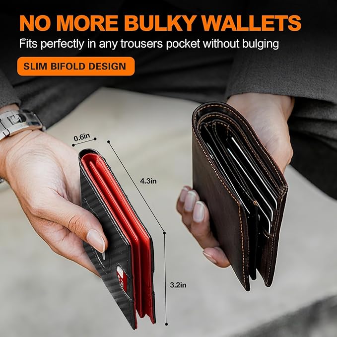 Wallet for Men Slim RFID Blocking Bifold Carbon Fiber,Minimalist Small Compact Front Pocket Credit Card Holder,Thin Mens Leather Wallets Smart Security With 2 ID windows 1 Cash (Black & Red)