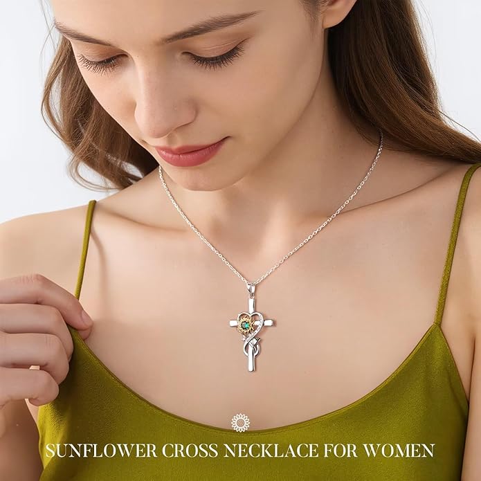 Iefil Mothers Day Gifts for Wife Mom - Sunflower Cross Necklace, 925 Sterling Silver Birthstone Necklace for Women Wife Mom