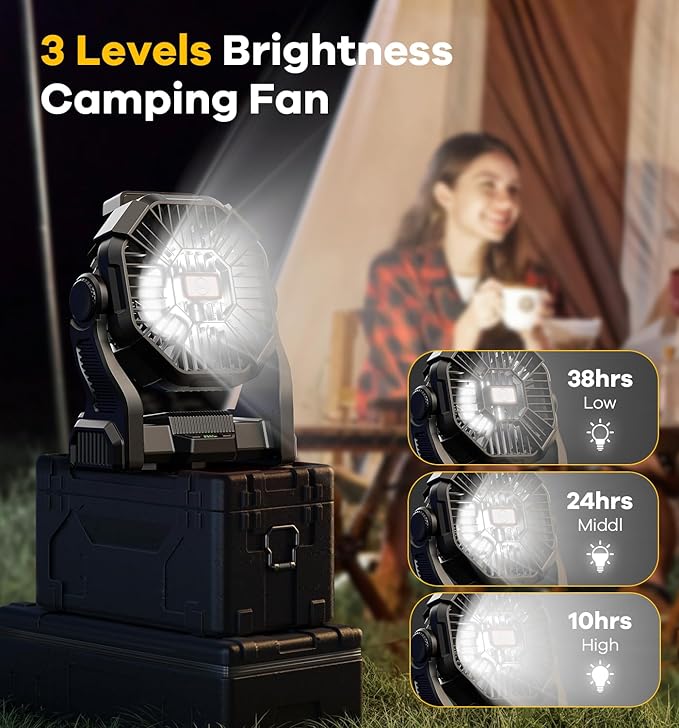 DOWILLDO 15000mAh Portable Battery Powered Camping Fan - with LED Light, Quiet Battery Operated, Camping Gear for Travel, Tent, Beach, Car or Hurricane Power Outages，Black