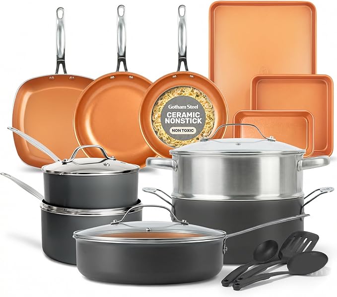 GOTHAM STEEL 20 Pc Ceramic Cookware Set, Copper Pots and Pans Set Non Stick with Bakeware, Cooking Utensils, and Steamer, Oven and Dishwasher Safe