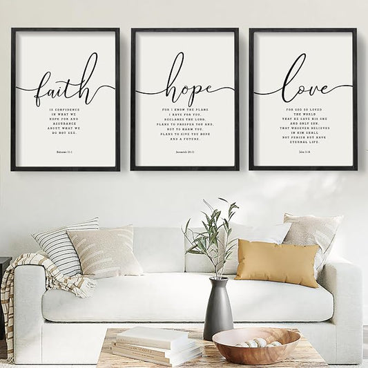 Houmury Set of 3 Framed Farmhouse Bible Verses Wall Decor Sign 11”x14” Christian Faith Scripture Wall Art for Home Living Room Bedroom Wall Decor (11"x14" Black)