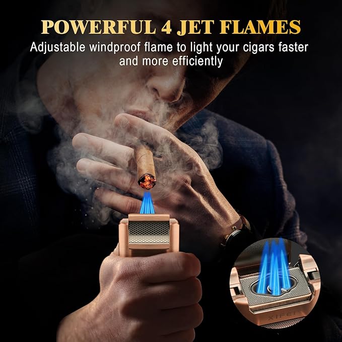 XIFEI 6-in-1 Desktop Lighter, 4 Jet Flame Torch with Straight & V-Cut Cutter, Dual Cigar Punch, Cigar Draw Enhancer, Holder, Refillable Butane Lighter with Gift Box (Bronze)